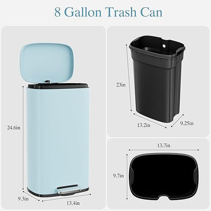 AthLike Trash Can, Stainless Steel Kitchen Garbage Can, Step Waste Bin with Hinged Lid and Removable Inner Bucket, Soft-Close, Dustbin for Bathroom Bedroom Living Room Home (Tide Pool Blue, 8 Gal)