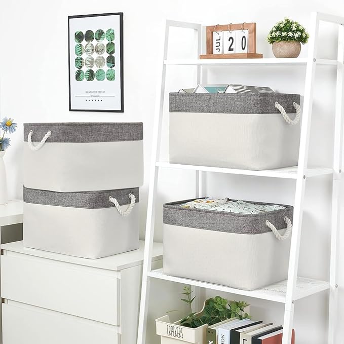 Organization and Storage Basket for Organizing - Large 4 Pack 16x12x8 inch Fabric Storage Cube Collapsible Baskets for Shelves, Storage Bins for Cloth Books (Grey & White)