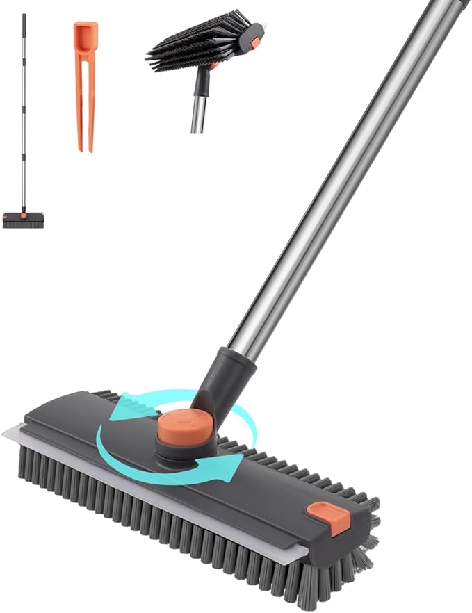 3-in-1 Floor Scrub Brush with Long Handle, Scrape and Heavy-Duty Stiff Bristle Floor Scrubber Brush, Floor Brush with Squeegee and Tweezerfor Cleaning Bathroom, Garage, Wall and Deck