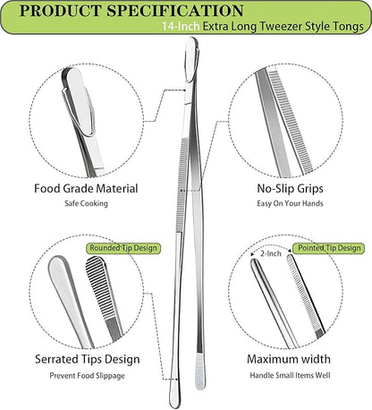 JETKONG 2 Pcs 14-Inch Food Tweezers Stainless Steel Tweezer Tongs Extra-Long Cooking Tweezers (Silver)