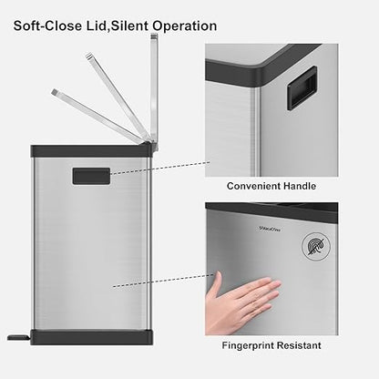 Kitchen Trash Can, 2 x 5.3 Gallon Garbage Can for Kitchen, Dual Compartment Recycling Trash Can, Trash and Recycle Bin Combo, Stainless Steel, Soft-Close Lid, Fingerprint Proof