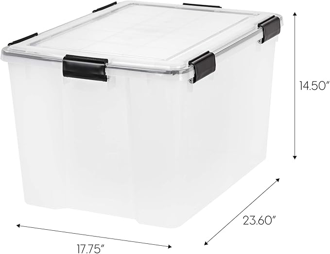IRIS USA 4-Pack WeatherPro 74 Qt Clear Plastic Gasket Boxes with Latching Lids – Weathertight Heavy Duty Stackable Storage Containers for Clothes, Food, Tools or Camping Gear