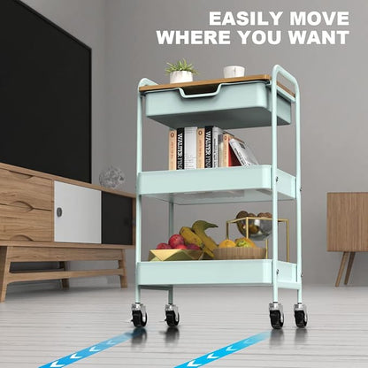 3 Tier Rolling Cart, Utility Cart with Drawer and Table Top, Metal Rolling Kitchen Storage Organizer Cart with Handle and Locking Wheels for Bathroom Office Balcony Living Room