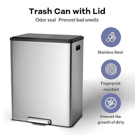 GarveeHome Step Dual Trash Can, 60L/16 Gallon Recycle Bins with Lid, 2 Removable Wastebusket, Step Pedal, Large Stainless Steel Double Trash Bin for Kitchen, Bathroom