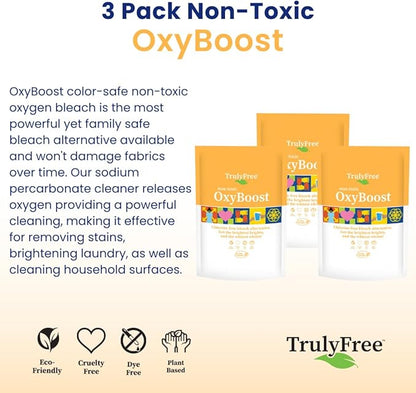 Truly Free OxyBoost - Oxygen Whitener & Clothes Stain Remover Laundry Detergent Powder with Sodium Percarbonate - Brightens Whites & Safe for Colors - Non-Chlorine, Gentle Yet Powerful - Pack of 3