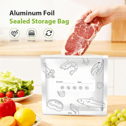Reusable Aluminum Foil Sealable Storage Bags, 2026 New Resealable Vacuum Zipper Pouches, Stand Up Foil Sealable Bags with Label and Zip Lock for Kitchen (20, Medium)