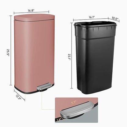 AthLike Trash Can, Stainless Steel Kitchen Garbage Can, Step Waste Bin with Hinged Lid and Removable Inner Bucket, Soft-Close, Dustbin for Bathroom Bedroom Living Room Home (Pink, 13.2 Gal)