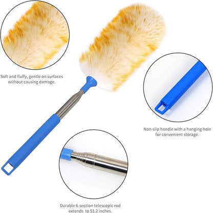Wool Lambswool Extendable Cleaning Brush Duster 21.2-51.2in,Anti-Static with Stainless Steel Extension Pole,Comfortable Grips,for Office,Home,Car,Piano,Guitar and Other Stringed Instruments