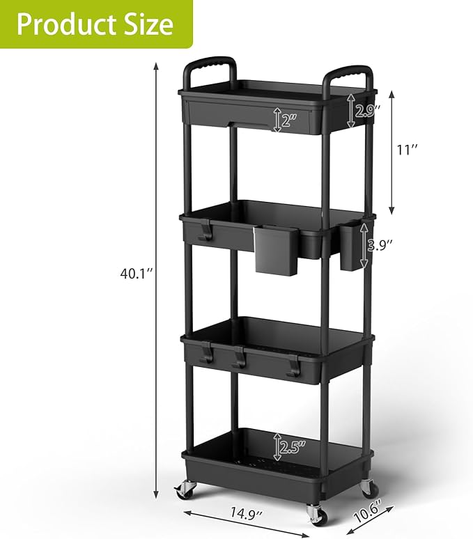 4 Tier Rolling Cart Organizer,Art Craft Diaper Bedside Snack Laundry Room Bathroom Organizer Narrow Thin Slim Rolling Trolley Utility Cart with Wheels for Kitchen,Office(Black)