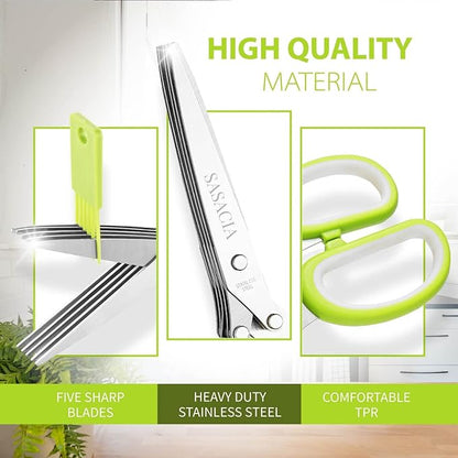 5-Blade Herb Scissors with Kitchen Shears & Peeler, Stainless Steel Multi-Use Tool for Herbs, Meat, Vegetables, Dishwasher Safe, Soft-Grip Handle