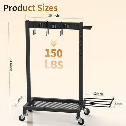 Cleaning Supplies Organizer with Broom Holder Load 160 LBS Cleaning Cart with Wheels Broom Closet Storage with 6 Mop Hanger Grippers, 3 Double-Hooks, Vacuum Stand for Laundry Garage Organization