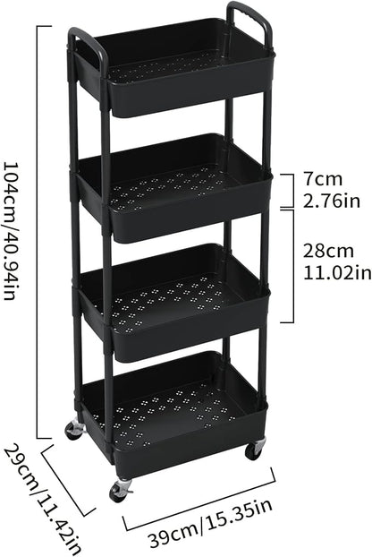 Sywhitta 4-Tier Plastic Rolling Utility Cart with Handle, Multi-Functional Storage Trolley for Office, Living Room, Kitchen, Movable Storage Organizer with Wheels, Black