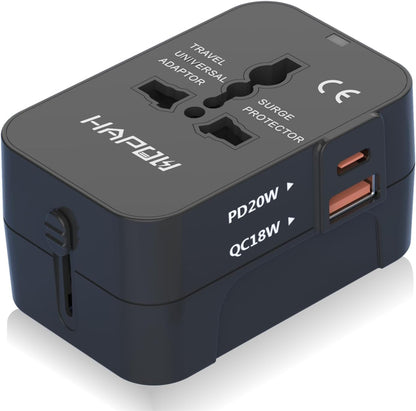 Universal Travel Adapter - 1 USB-C & 1 USB-A Fast Charging Travel Charger, Worldwide Plug Adapter for EU UK USA AU, Black