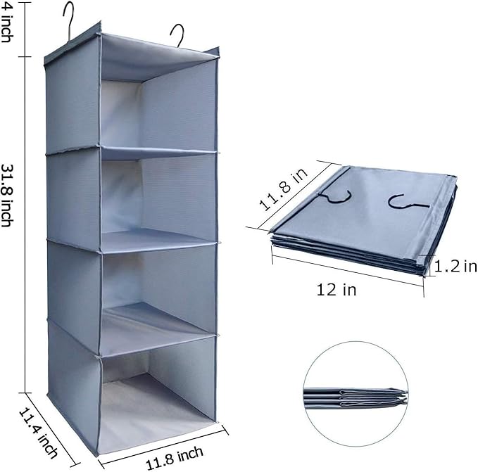 Hanging Closet Organizer, Easy Mount Foldable 4-Shelf Hanging Closet Wardrobe Storage Shelves, Clothes Handbag Shoes Accessories Storage, Washable Oxford Cloth Fabric, Gray