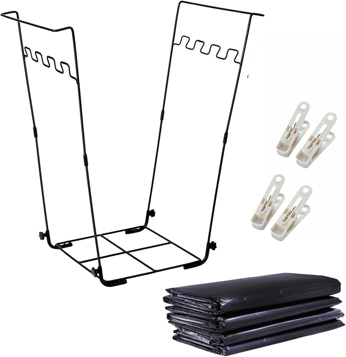 Trash Bag Holder Stand 45 Gallon Outdoor Leaf Bag Stand with 25 Pcs 40 Gallon Trash Bags Metal Garbage Bag Frame Holder for Leaves Camping Yard Garden Weeding Lawn Party