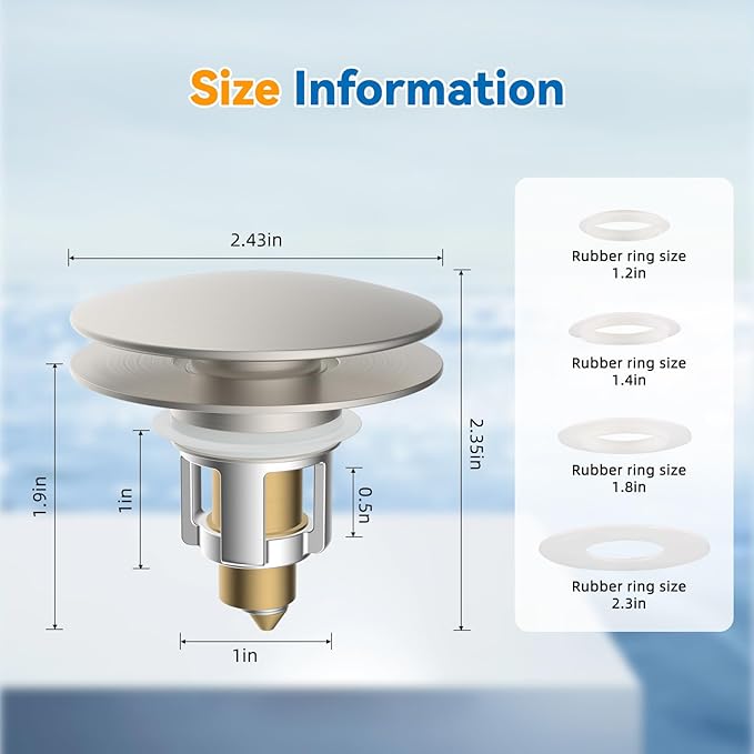 iFealClear Universal Bathroom Sink Stopper, Metal Pop Up Sink Drain Strainer with Hair Catcher Basket, Fit 1.1"-2.36" US Basin, Wash Basin Drain Plug, Big Cover Cap, Brass Bounce Core, Brushed Nickel