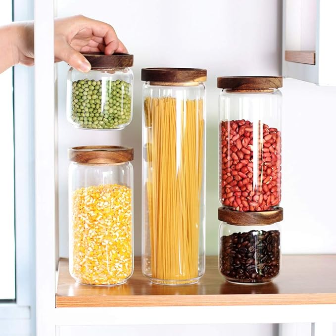 Glass Canisters Set of 5 for the kitchen, Glass Storage Container jars with Airtight Acacia Lid for Coffee Beans, Flour, Sugar, Rice and Spaghetti and etc