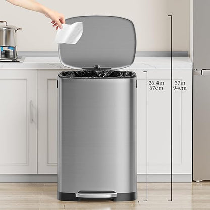 13 Gallon Trash Can with Lid, 50L Fingerprint Proof Stainless Steel Kitchen Trash Can with Removable Inner Bucket and Lid Soft Close, Pedal Rubbish Bin for Home Office（Silver）