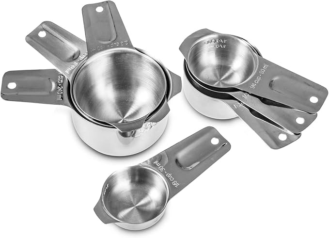 Set of 7 Heavy Duty Measuring Cups, 18/8 Stainless Steel with Ring Connector, Silver