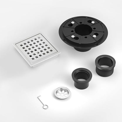 6 Inch Square Shower Drain Chrome, Bathroom Floor Drain, Stainless Steel Drain Kit with Flange, Removable Grid Cover, Hair Strainer