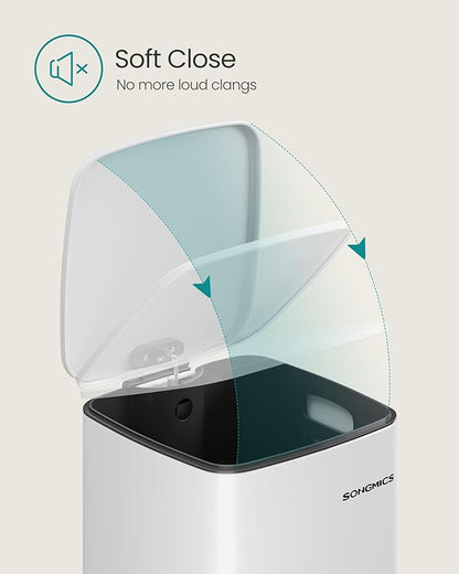 SONGMICS Kitchen Trash Can, 5.2-Gallon (20 L) Trash Bin, Stainless Steel Garbage Can, with Inner Bucket, Soft Close and Stays Open, Cloud White ULTB592W01