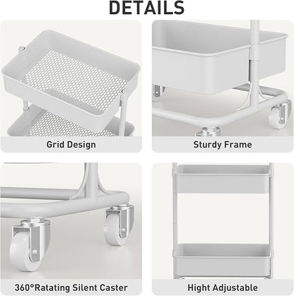 3 Tier Modern Metal Rolling Tool Cart with Silent Casters, 17.72×12.40×35.04 inch Heavy Duty Organization Truck Trolley Organizer for Office, Living Room, Kitchen, (White)