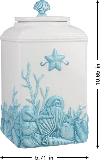 Young's Inc. 4 Pcs Set Blue Lagoon Nautical Ceramic Canisters- Storage Container for Kitchen and Bathroom - Beautiful Home Decor Accent to Store Food, Coffee, Tea, and More - White, Blue