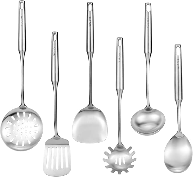 18/8 Stainless Steel Kitchen Utensils Set, 6 PCS 15in Metal Cooking Utensil Gadgets Tools Set with Spatula, Deep Ladle, spoon, Skimmer, Pasta Server, Slotted Spatula Turner, Dishwasher Safe (6Pack)