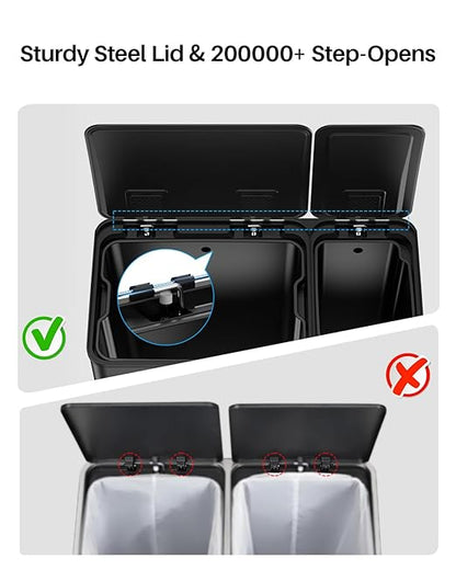 Dual Trash and Recycling Bins for Kitchen, 13.2 + 5.2 Gal (50+20L) Stainless Steel Trash and Recycle Bin Combo with Soft-Close Lid, Large Garbage Cans for Kitchen Home with 2 Magnets Sticker, Black