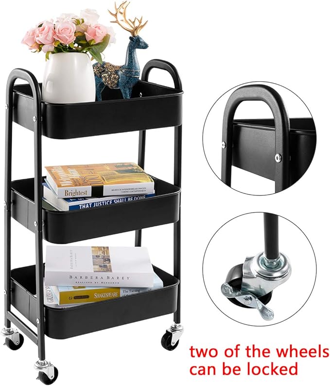 AGTEK Makeup Cart, Movable Rolling Organizer Cart, Black 3 Tier Metal Utility Cart
