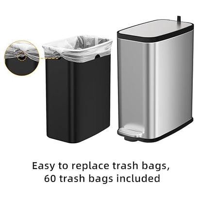 Stainless Steel Bathroom Trash Can with Lid Soft Close,1.6 Gallon Slim Garbage can,Small Metal Step Wastebasket for Office, Bedroom, Toilet, Live Room
