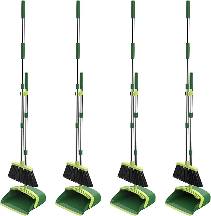 Broom and Dustpan Set, 52-in Long Adjustable Handle Broom Dustpan Combo with Dust pan Teeth to Automatically Clean Hair Suitable for Home Kitchen Office Hall Floor (Green), 4 Pack