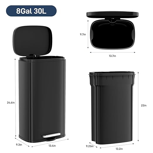 Arlopu 8 Gallon Step Trash Can, Stainless Steel Garbage Bin, Soft-Close Rubbish Bin with Removable Plastic Inner Bucket, Fingerprint-Proof, Lid Dustbin, Suit for Kitchen Home (Black, 30L)