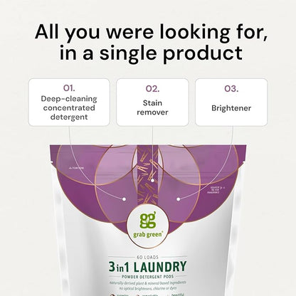 Grab Green 3-in-1 Laundry Detergent Pods, 24 Count, Vetiver Scent, Plant and Mineral Based, Superior Cleaning Power, Stain Remover, Brightens Clothes