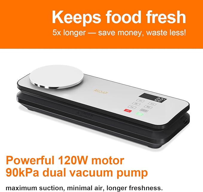 Vacuum Sealer for Food, 90kPA Powerful Food Saver Vacuum Sealer Machine with Digital Kitchen Scale, 12-in-1 Food Vacuum Sealer with Dry & Moist Food Modes, 10 pcs & 1 Roll Vacuum Bags, Starter Kits