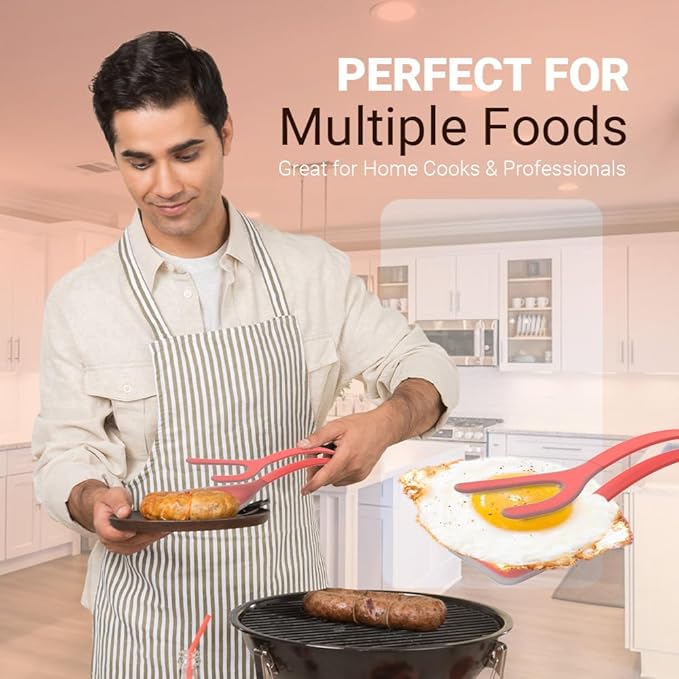 Silicone Egg Flipper Spatula Tongs (Set of 1) – Non-Stick 2-in-1 Grip & Flip Kitchen Tongs for Pancakes, Fish, Eggs, and More – Heat Resistant Cooking Tool (Red)