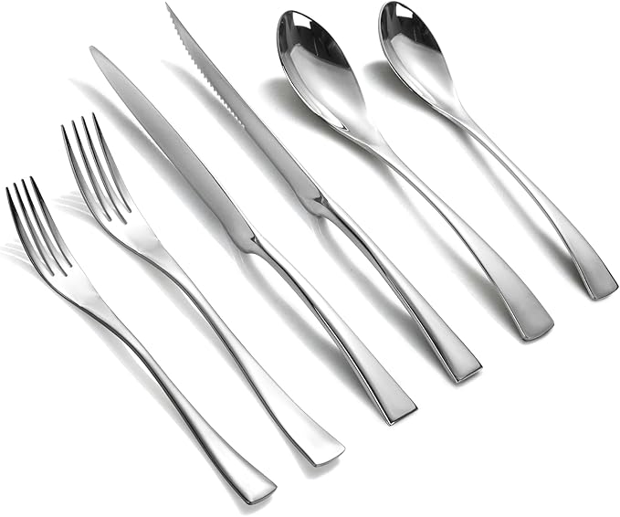 Lemeya 24-Piece Silverware Set with Steak Knives,Forged 18/10 Stainless Steel Cutlery Set for 4,Modern Heavy Duty Flatware Utensils Set,Forks Spoons and Knives Set, Mirror Polished,Dishwasher Safe