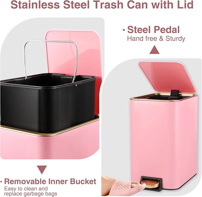 Small Bathroom Trash Can with Lid Soft Close, 1.8 Gallon Stainless Steel Garbage Can with Removable Inner Bucket,80Count Trash Bags, Slim Step Pedal Trash Bins
