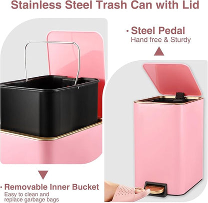 Small Bathroom Trash Can with Lid Soft Close, 1.8 Gallon Stainless Steel Garbage Can with Removable Inner Bucket,80Count Trash Bags, Slim Step Pedal Trash Bins
