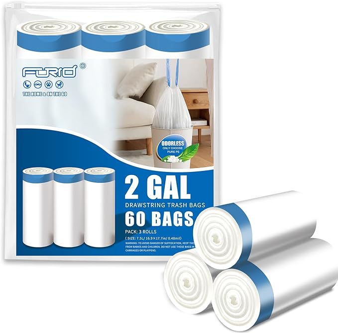 FORID Mini Drawstring Trash Bags - 2 Gallon Small Bathroom Garbage Bags White Plastic Trash Can Liners Disposable Unscented Wastebasket Bags 60 Count for Office bedroom Home 7.5 Liter