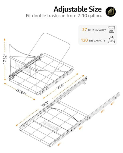 Double 37 Quart Pull Out Trash Can Under Cabinet, Under Sink Trash Rack, 70 Liter Total Capacity, Cabinet Trash Pull Out Kit, Trash Bin Not Included