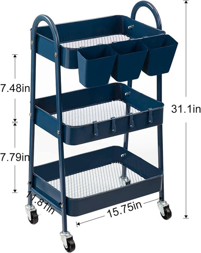 danpinera 3-Tier Rolling Cart, Metal Rolling Storage Cart with Lockable Wheels & Hanging Cups & Hooks, Mobile Trolley Cart for Kitchen, Bathroom, Office, Workshop, Dark Blue