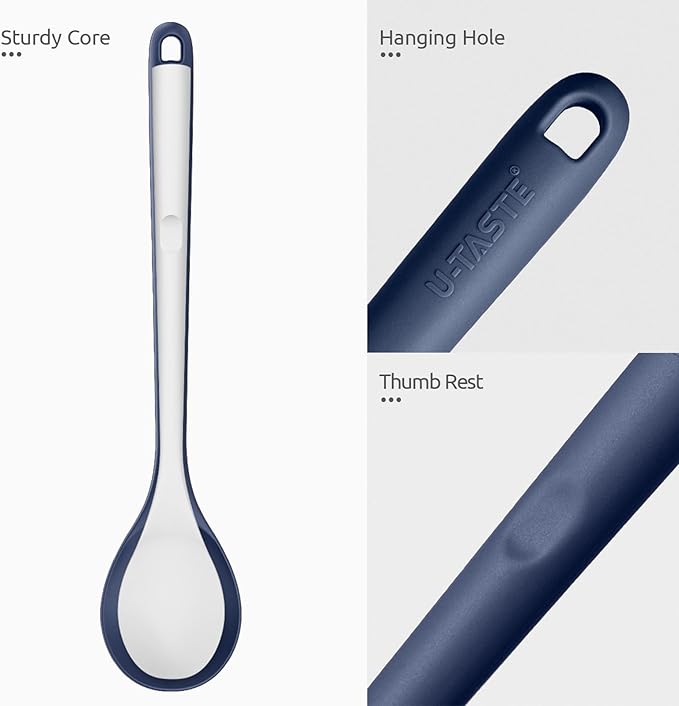 600ºF Heat Resistant Silicone Spoon: U-Taste 13.3in Solid Kitchen Cooking Spoon, Nonstick Food Grade Large Soup Rubber Utensil for Mixing, Serving, Stirring, Basting, for Pot Cookware (Midnight Blue)