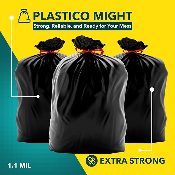 Plastico Extra Tall Kitchen Trash Bags - 18 Gallon, Black, 36 Garbage Bags, Extra Strong, Easy Drawstrings - Odor Guard Control, Unscented, 1.1 Mil Thick Plastic