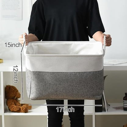 Storage Basket for Shelves - 17X15X12 inch 2 Pack Fabric Cube Storage Bin Collapsible Baskets for Organizing with Rope, Storage Box for Cloth Decorative (White & Grey)