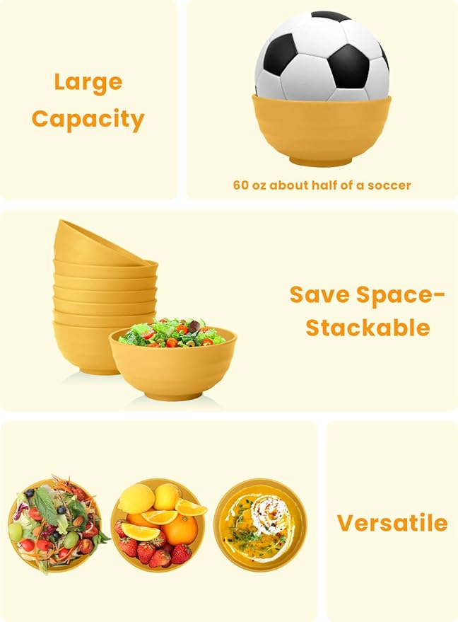 Homienly Sunshine Yellow Bowl Set of 8, 60 Oz Large Wheat Straw Bowls, Unbreakable Big Salad & Soup Bowls, Microwave Safe for Easter, Picnic, Kids Party & Family Meals
