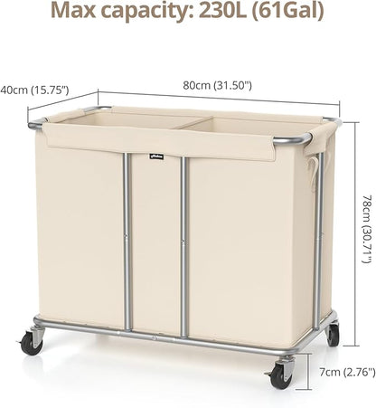 230L Rolling Laundry Hamper, 2-Section Laundry Basket with Wheels, 61 Gallons Laundry Sorter with Metal Structure and Removable Liner, Clothes Hamper for Laundry Room, Bathroom, Bedroom, Beige