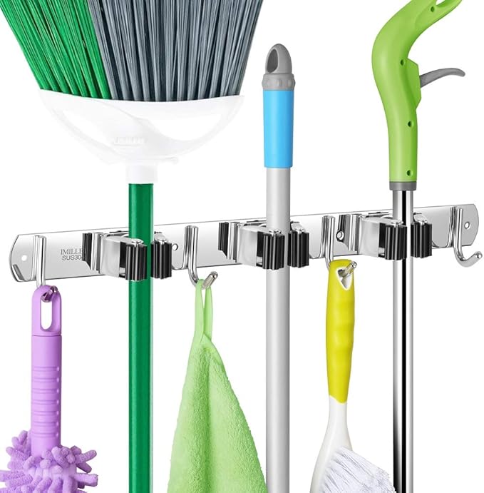 IMILLET Broom and Mop Holder Wall Mounted, Stainless Steel Broom Holder Mop Holder Self Adhesive Heavy Duty Hooks Storage Organizer for Home Laundry Room Garden Garage（3 Racks with 4 Hooks）