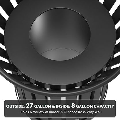Round Heavy Duty Outdoor Trash Can, Large Metal Slatted Garbage Can for All Weather Resistant, Commercial Garbage Cans, Waste Receptacle in Park, Beach, Patio (Black, Medium)