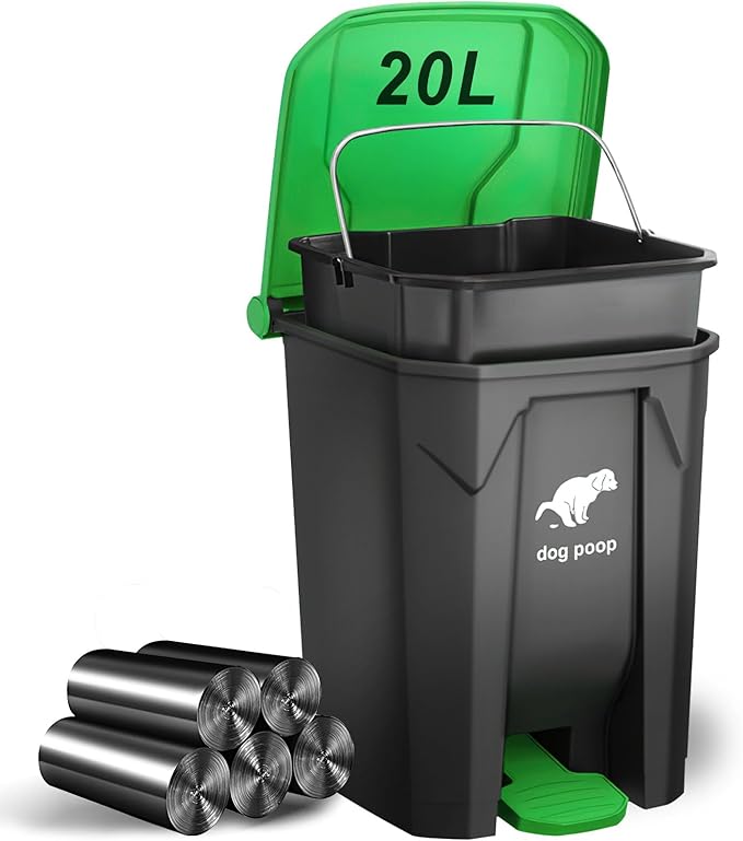 Dog Poop Trash Can Outside, 20L/5Gallon Dog Waste Trash Can with Lid, Pedal and Removable Inner Waste Bin, Pet Poop Bucket with 100 Bags, Green